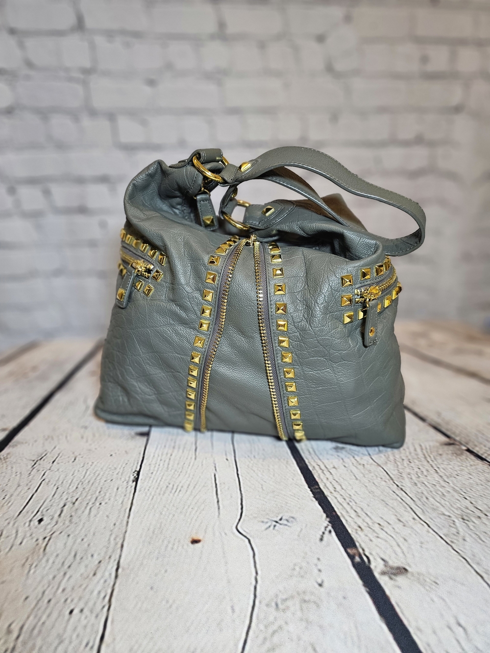 Betsey Johnson Y2K Gray Leather Studded Hobo Bag - Picture 2 of 12